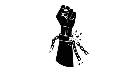 A powerful black silhouette of a raised fist breaking free from a chain, symbolizing freedom and liberation.