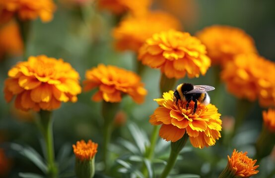 Bumblebee collects nectar on orange flower. Honeybee pollinates blooming marigold in garden. Insect sits on blossom in summer. Close up of bright flower with soft blurred background. - Powered by Adobe