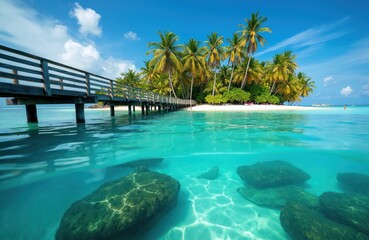 Long wooden pier extends to small tropical island with many green palm trees. Clear turquoise ocean water large underwater rocks. White sand beach under bright blue sky. Tourists relax, swim, enjoy