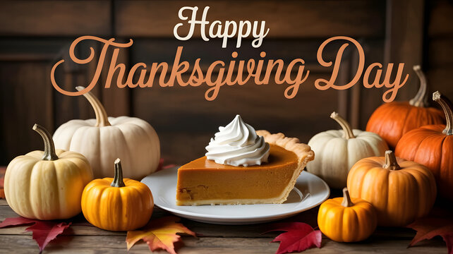 Festive Thanksgiving Day scene featuring pumpkin pie with whipped cream and colorful pumpkins perfect for holiday celebrations and autumn themes - Powered by Adobe