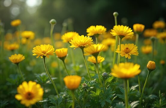 Field of bright yellow buttercup flowers in soft sunlight. Green leaves and stems surround numerous blooms, some closed buds. Nature scene with shallow depth of field.