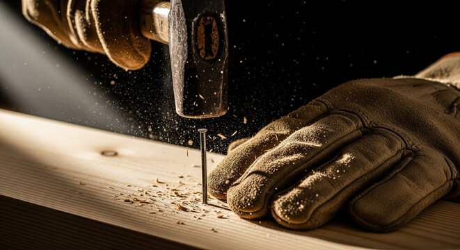 Primer plano de las manos de un obrero de la construcci&oacute;n martillando un clavo en una viga de madera
