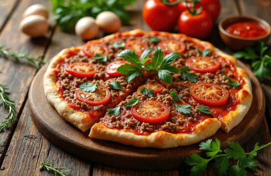 Traditional Turkish lahmacun pizza topped with minced beef, tomato slices, and fresh parsley, served on a wooden board. This savory flatbread is a popular street food snack, perfect for quick meals. - Powered by Adobe
