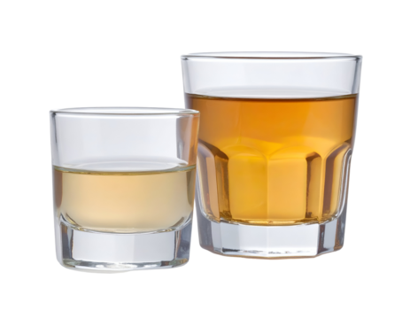 Two glasses of whiskey with different amounts of liquid, showcasing clear glassware and warm amber tones