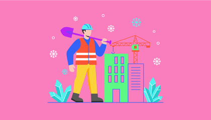 Builder on construction site holding shovel in flat design style Building industry concept