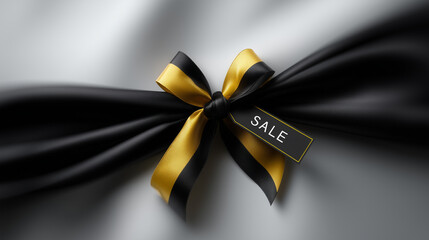 A luxurious Black Friday sale banner featuring an elegant black satin ribbon with gold edges tied into a perfectly shaped glossy bow, ultra-high-resolution realistic vector-style r