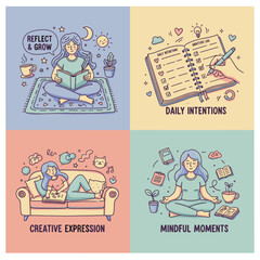 Obraz premium Four illustrated concepts for mental wellness daily intentions creativity reflection and mindful meditation