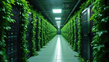Long data center hallway with server racks. Green climbing plants, vines cover modern tech hardware. Eco-friendly design shows sustainable computing, green energy solutions. Promotes innovation for