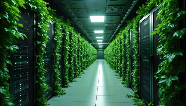 Long data center hallway with server racks. Green climbing plants, vines cover modern tech hardware. Eco-friendly design shows sustainable computing, green energy solutions. Promotes innovation for