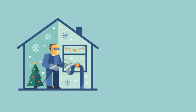 Welder fixing a broken pipe outside a festive house in winter Emergency home repair services