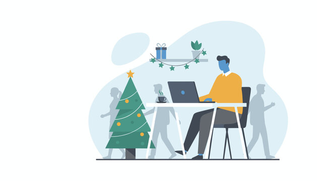 Man working on laptop at Christmas decorated desk Holiday business and remote productivity illustration