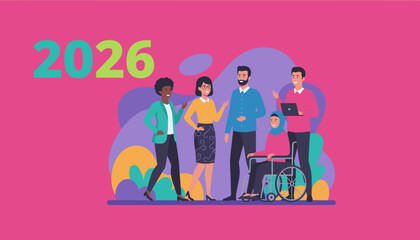 Diverse business team ready for 2026 Inclusion teamwork and future success illustration