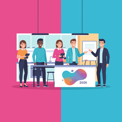 Business team meeting presenting future strategies in a modern collaborative office space