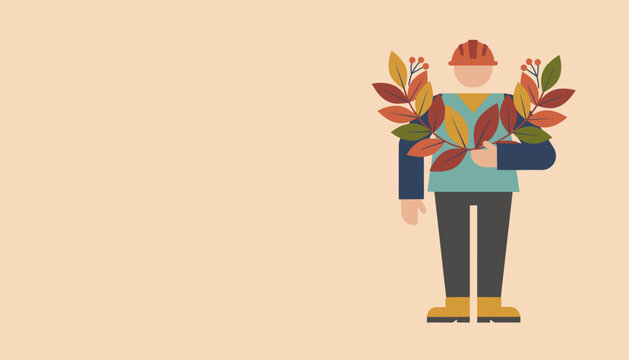Worker in hard hat holds autumn leaves Labor harvest sustainability and green industry concept
