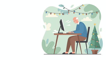 Elderly man struggles with work on a computer during Christmas holiday workload stress and burnout