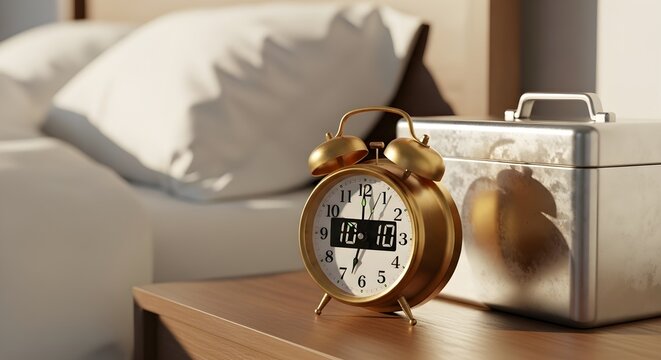 Wake up refreshed with this stylish gold alarm clock on your nightstand at 10 past ten