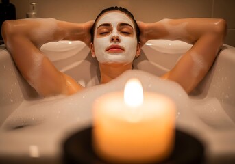 Woman relaxing in a bubble bath with a face mask and candle