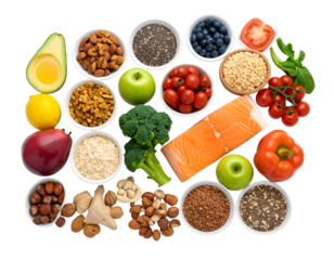 A vibrant assortment of fresh fruits, vegetables, nuts, seeds, and grains arranged on a flat surface for healthy eating