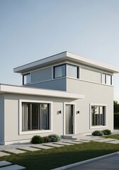 Stylish modern home exterior with minimalist architectural features, serene