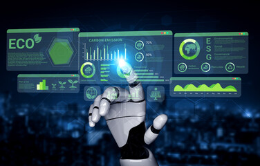 AI analyzing ESG and sustainability metrics for businesses, visualizing carbon reduction goals and...