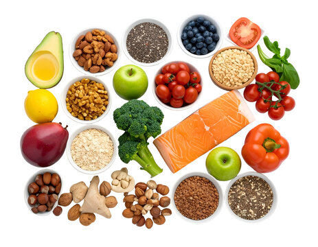 A vibrant assortment of fresh fruits, vegetables, nuts, seeds, and grains arranged on a flat surface for healthy eating