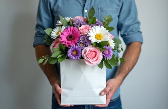 Man holding a bouquet of flowers in a white paper bag. He presents a colorful floral arrangement gift. The person shows a romantic gesture of love. - Powered by Adobe