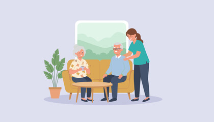 Professional care provider supporting senior couple in their comfortable living room