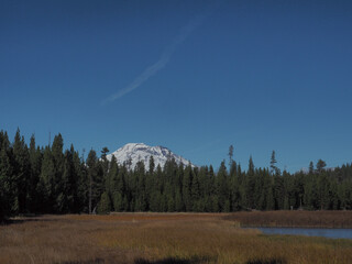 South Sister in the Cascade Mountains viewed from Little Lava Lake on a sunny fall day.