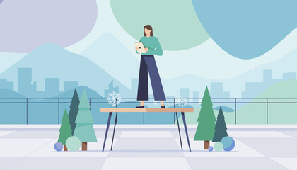 Obraz premium Professional woman uses tablet on rooftop with city view and stylized winter dcor Modern lifestyle concept