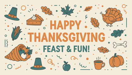 Happy Thanksgiving Feast  Fun Vintage style banner illustration with autumn harvest symbols