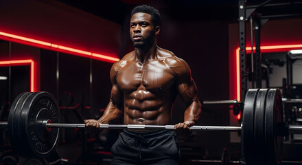 Muscular Black Man Lifting Heavy Barbell in Dark Gym Dramatic Red Lighting Fitness Power