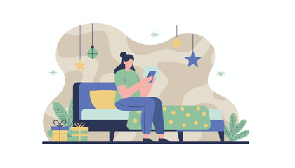 Woman using smartphone on a cozy bed surrounded by festive decor and presents