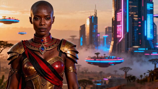 An ultra-realistic portrait of an afrofuturist female warrior in golden armor against the backdrop of a futuristic city with neon lights and floating structures at sunset.