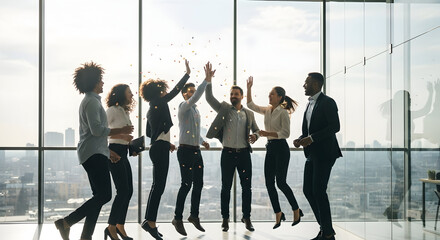 Diverse Business Team Celebrating Success Jumping with Confetti in Modern Office City View