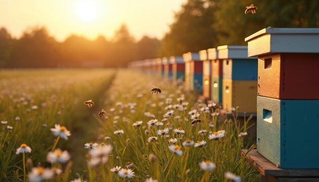 Sunset above apiary farm. Bees fly near wooden beehives in meadow with flowers. Beekeeping farm for honey production, bee agriculture business. Golden sunlight illuminates rural beekeeping field.