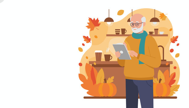 Senior man using a tablet in a cozy autumn cafe illustration surrounded by leaves and hot coffee - Powered by Adobe
