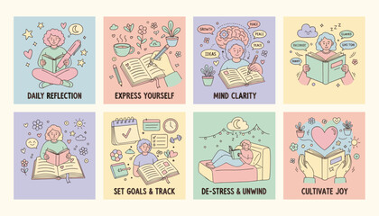 Journaling and selfcare doodle set reflection goals expression clarity joy and relaxation concepts