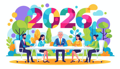 Professional business team discussing goals for the year 2026 in a dynamic illustration