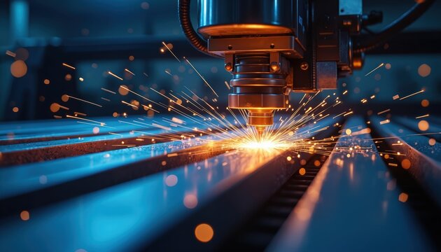 Automated laser cuts metal emitting bright sparks. Modern machinery performs precise industrial manufacturing. Intense blue light illuminates glowing metalwork in a factory.
