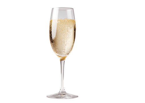 Champagne flute, full. Sparkling yellow liquid. Black BG