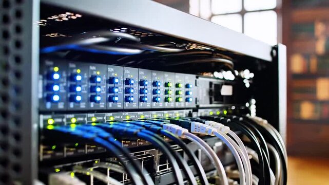 Close-up of network server rack with blinking lights and cables in dimly lit room, with bookcase in bg