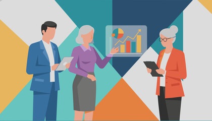 Diverse business team analyzing market data and financial growth presentation