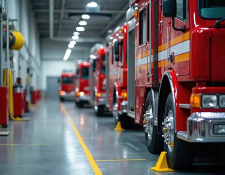 Fire trucks parked inside fire station garage. Red fire engines ready for emergency response. Emergency services vehicle fleet in building. Fire department equipment.