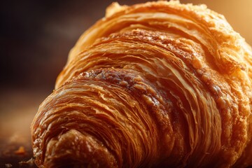 Gros plan extrême d'un croissant doré croustillant avec texture feuilletée rétro-éclairé par le soleil idéal pour publicité de boulangerie pâtisserie
