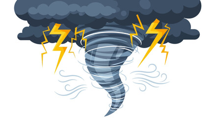 Cartoon depiction of a destructive tornado event with lightning strikes in stormy atmosphere