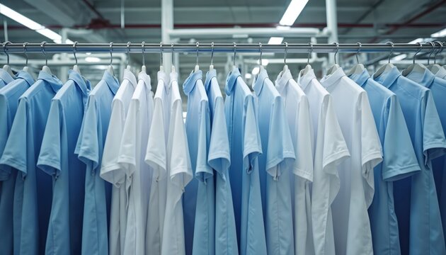 White and blue shirts hang on a clothing rack. Clean apparel is ready after industrial dry cleaning process. Garments on hangers in laundry service look fresh.