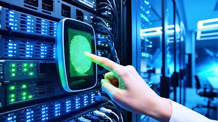 A hand touching a fingerprint scanner in front of server racks, lit by blue lights - Powered by Adobe