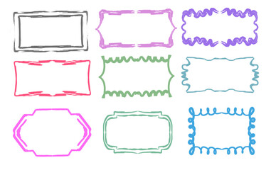 A set of colorful hand-drawn frames with sketchy decorative borders. Perfect for labels, notes, stickers, posters, scrapbooks, and playful design projects.