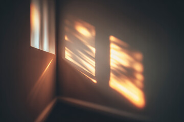 Soft sunlight casts abstract blurred shadows on modern wall, creating warm, peaceful atmosphere with gentle light and dark patterns in minimalist interior corner