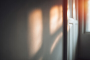 Soft sunlight and gentle shadows create abstract pattern on modern white wall, evoking calm and peaceful atmosphere in minimalist interior space